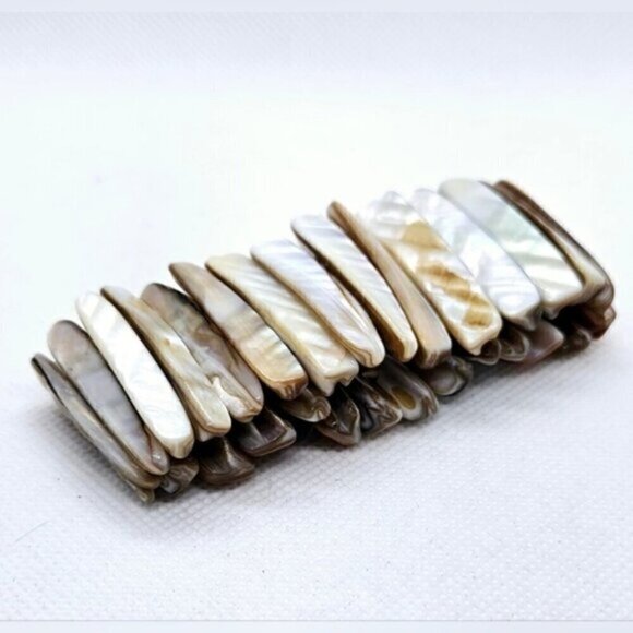 Vintage Chunky Mother of Pearl Shell Stretch Bracelet Boho Statement - Picture 4 of 6